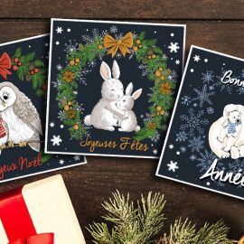 3 cartes de vœux avec animaux mignons