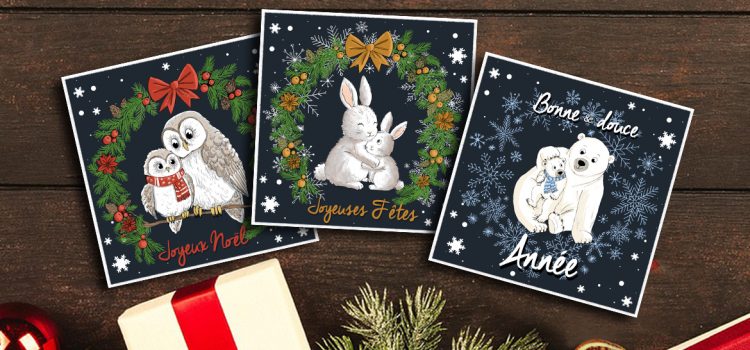 3 cartes de vœux avec animaux mignons